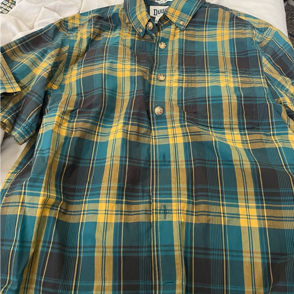 Duluth Trading Co Men's Teal and Yellow Plaid Shirt